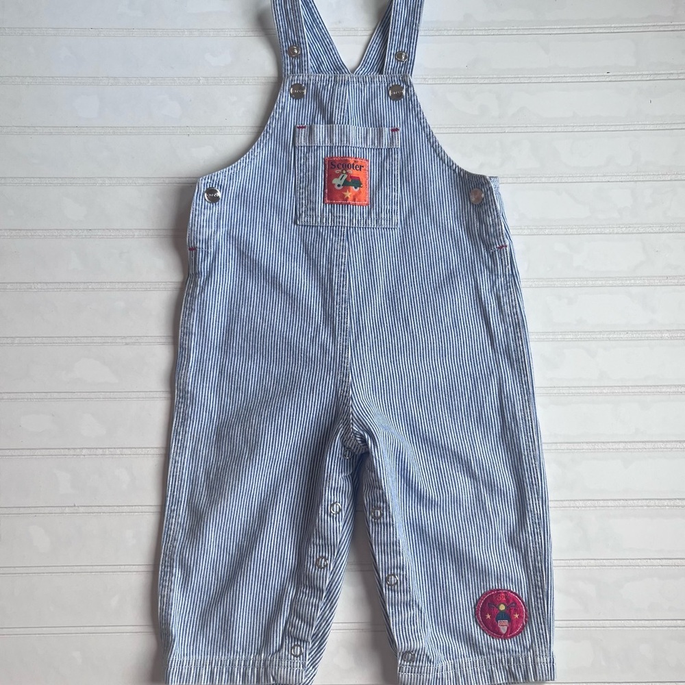 Vtg Circo Baby Striped Denim Overalls – Scooter Patch – 12M